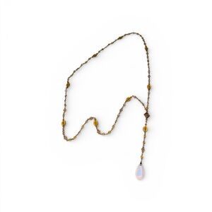 Vintage Opalescent Teardrop Pendant Necklace Gold Tone Beaded Y Necklace J27
